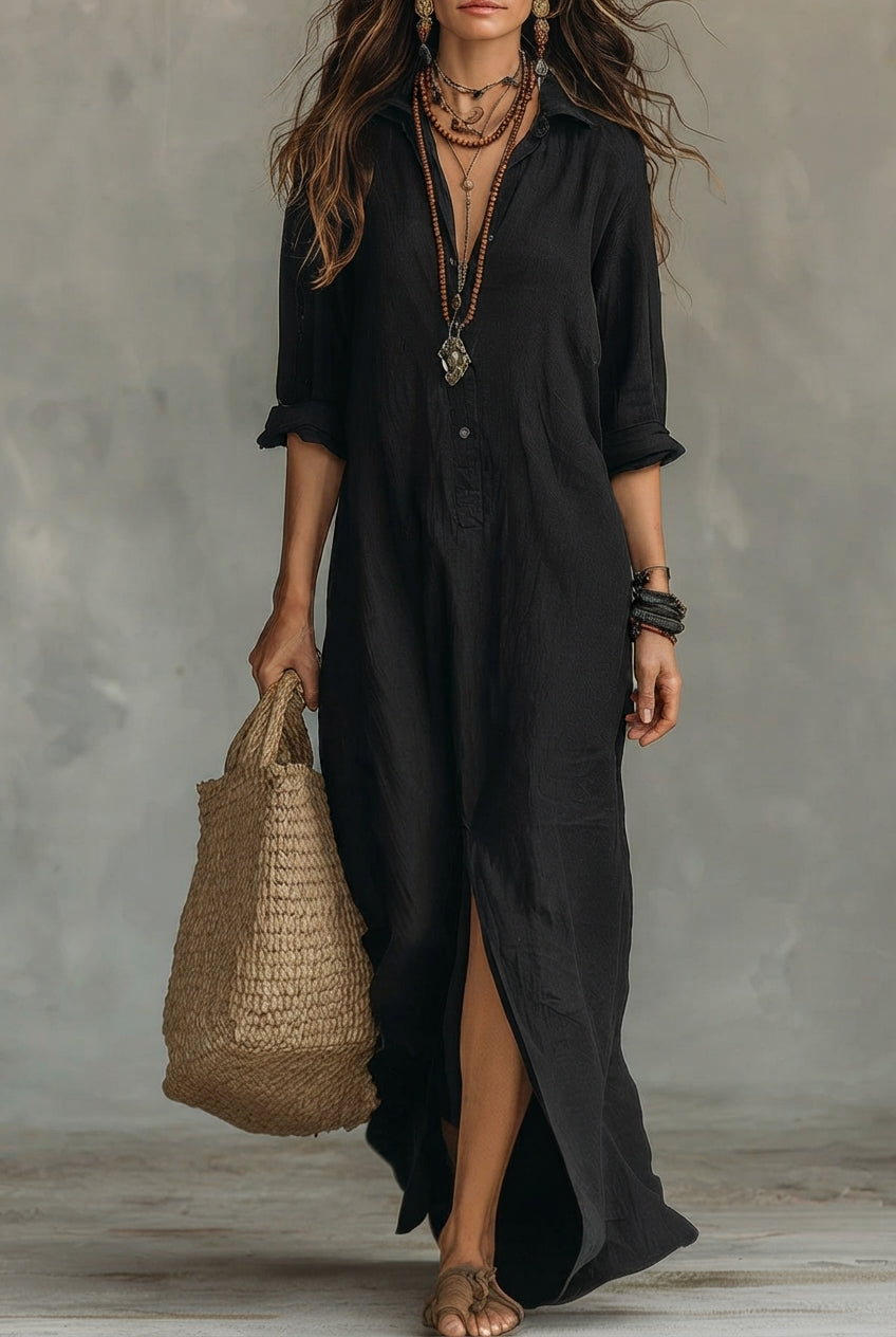 Céline™ | Vestido largo negro con botones