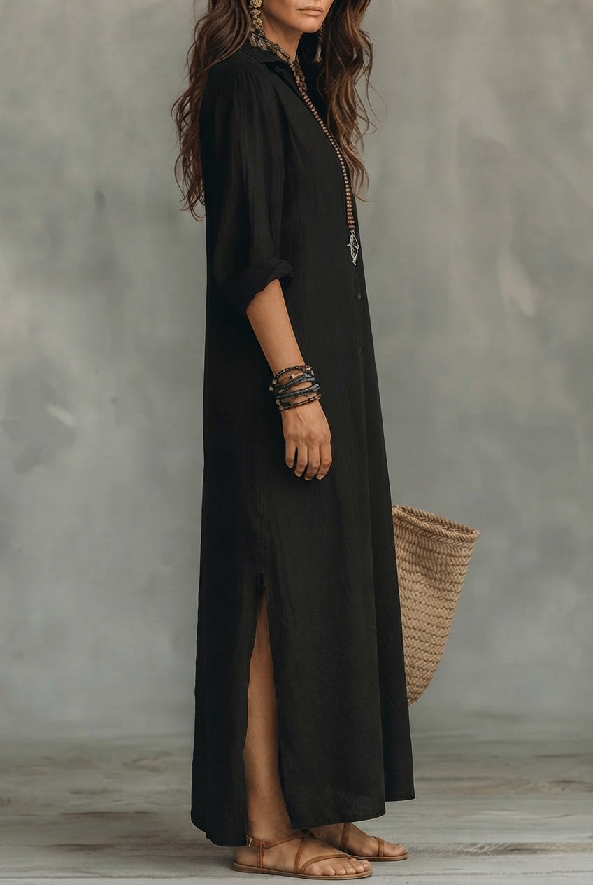Céline™ | Vestido largo negro con botones