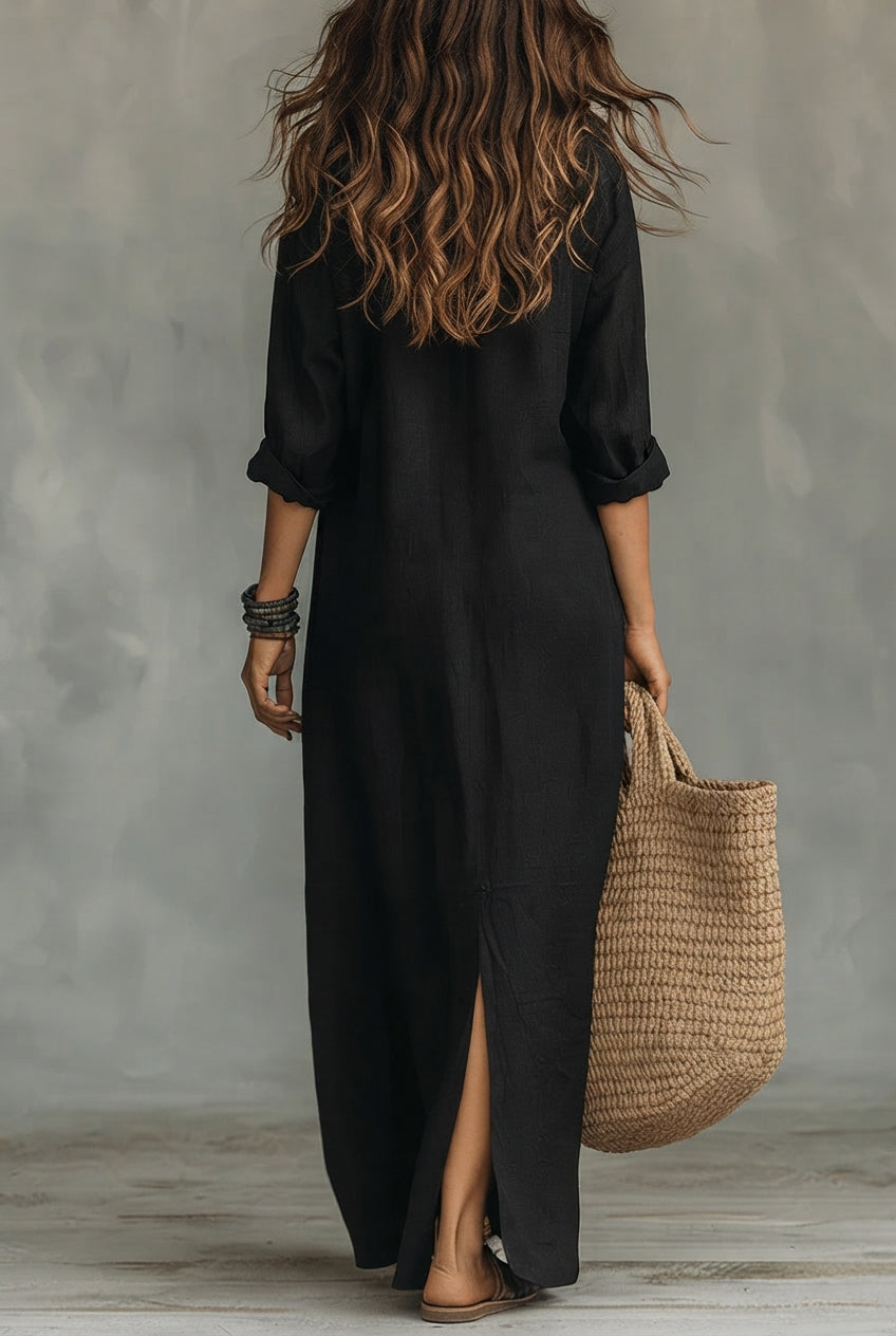 Céline™ | Vestido largo negro con botones