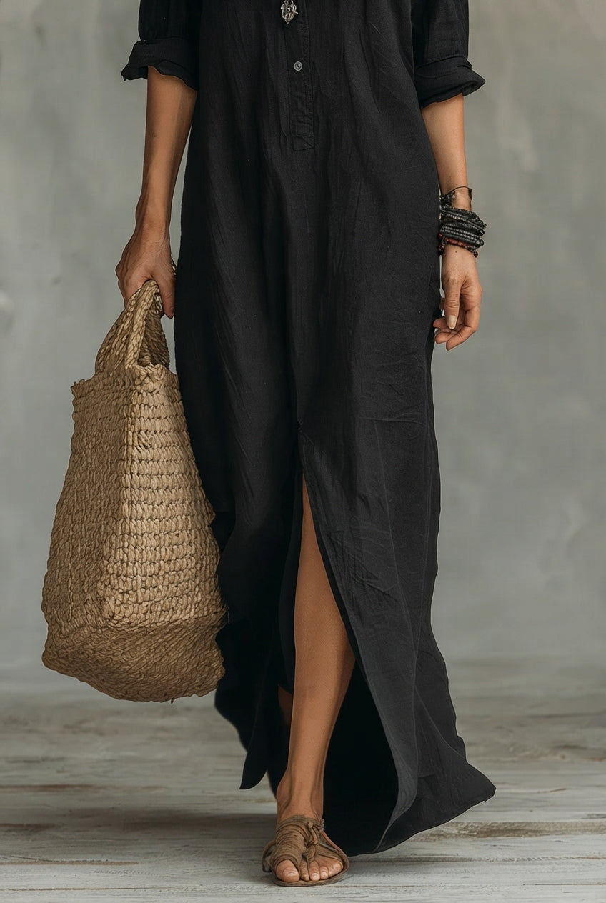 Céline™ | Vestido largo negro con botones